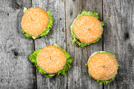 Classic hamburgers, top view, flat layの写真素材
