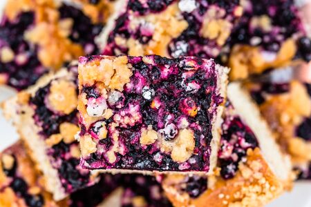 Sweet pastry with fruits of blueberry on yeast cake, summer baking conceptの写真素材