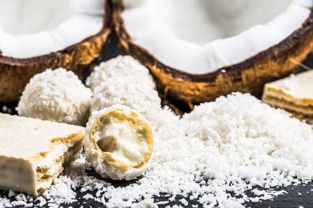 Coconut balls in coconut flakes and coconut waferの写真素材