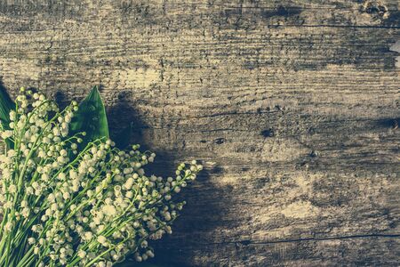 Lily of the valley on wooden backgroundの写真素材