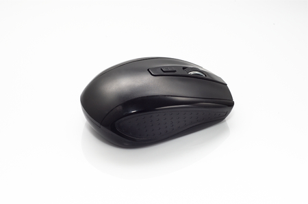 Black,  wireless computer mouse on white background