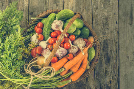 Collection of vegetables in the basket, local farming produce, toned imageの写真素材