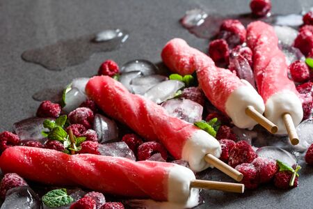 Red ice lolly with summer fruit, cold refreshing snackの写真素材