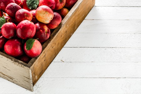 Red apples on table in wooden crate, pile of fresh apple on white backgroundの写真素材