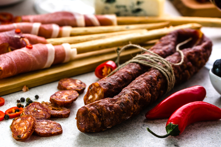 Chorizo sausage. Spanish tapas bar, traditional food from spain.の写真素材