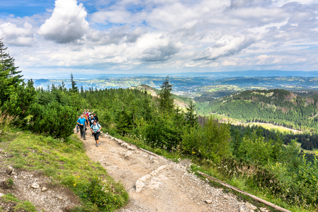ZAKOPANE, POLAND - AUGUST 16, 2016: Tour with hikers on hiking trail, trekking in Tatra Mountains, travel and tourist backgroundのeditorial素材