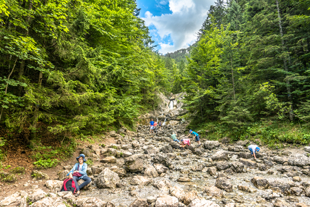ZAKOPANE, POLAND - AUGUST 14, 2016: Vacation with family in mountains, hiking group on trail in green nature, summer landscapeのeditorial素材