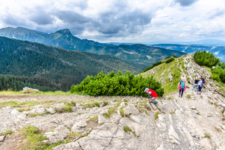 ZAKOPANE, POLAND - AUGUST 16, 2016: Group of hikers on hiking trail in mountains, landscape, Polandのeditorial素材