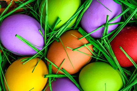 Colorful painted eggs, easter background with eggs in green grass nest