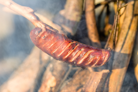 Grilling sausage over camp fire, food cooking on campfireの写真素材