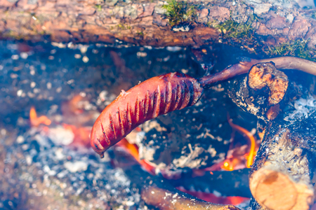 Sausage sizzle over campfire, grilling food over camp fireの写真素材