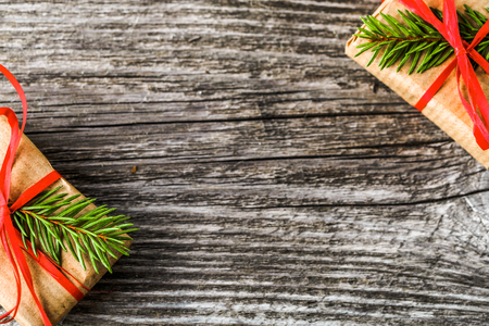 Background with christmas gift on wooden table, flat lay, top viewの写真素材