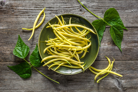 Yellow bean, fresh vegetables from market, freshly harvested beans on plate, vegetarian food conceptの写真素材