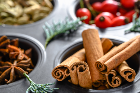 Christmas spices - cinnamon sticks, closeupの写真素材