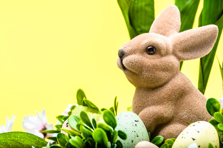 Decoration with easter bunny in eggs on yellow background. Holiday greeting card.