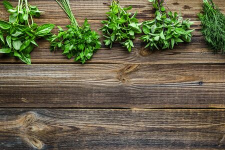 Bunches of fresh herbs from the garden. Mint, dill, parsley and basil herb, background with copy space.の写真素材