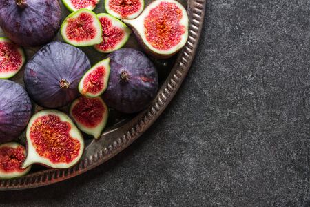 Fresh fig fruit and cutted figs, overheadの写真素材