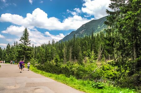 TATRA, POLAND - July 4, 2015: Polish Tatra Mountains, near Zakopane,  Group of tourists walking on road to Morskie Oko lake, Czarny Staw and Rysy in High Tatra Mountains, Polandのeditorial素材
