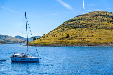 Archipelago Kornati near Zadar, Dalmatia, Croatia - AUG 18, 2019: Adriatic sea cruise. Sail boat in the sea - sailing yacht. Luxury vacation and travel concept.のeditorial素材