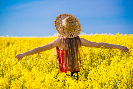 Happy woman in rapeseed field blooming in the summer. Back view of a girl enjoying sun in blossom of canola. Freedom concept.の写真素材