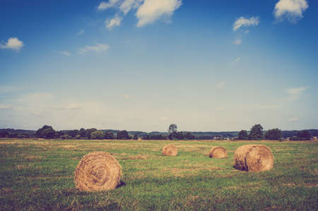 Vintage landscape showing straw bales on stubble field. Agricultural or rural landscape in summer photographed in Poland.の写真素材