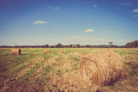 Vintage landscape showing straw bales on stubble field. Agricultural or rural landscape in summer photographed in Poland.の写真素材