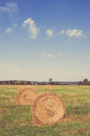 Vintage landscape showing straw bales on stubble field. Agricultural or rural landscape in summer photographed in Poland.の写真素材