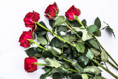 Flowers background with bouquet of red roses on white background useful as valentine card, greeting card, wedding invitation or anniversary card.の写真素材