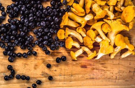 Background with forest fruits on wood. chanterelles mushrooms and blueberries arranged on vintage wood background, macro close-up.の写真素材