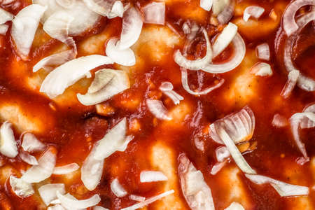 Preparation of pizza margherita with tomato sauce and raw onion sliced, top view, macro for background or texture.の写真素材