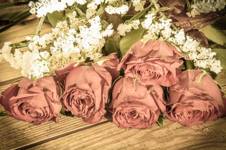 Flowers of roses stylized on vintage on wooden backgrounds.の写真素材