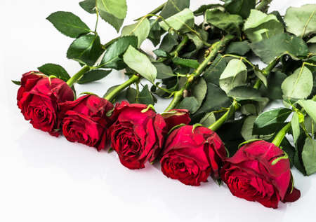 Flowers background with bouquet of red roses on white background useful as valentine card, greeting card, wedding invitation or anniversary card.の写真素材
