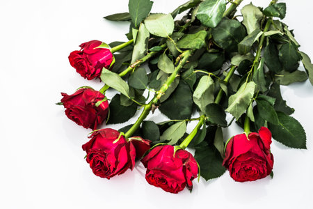 Flowers background with bouquet of red roses on white background useful as valentine card, greeting card, wedding invitation or anniversary card.の写真素材