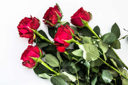 Flowers background with bouquet of red roses on white background useful as valentine card, greeting card, wedding invitation or anniversary card.の写真素材