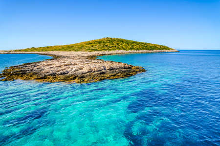 Mediterranean island beach. Vacation travel destination. Scenic view of islands in the sea. Archipelago Kornati, Dalmatia, Croatia, Europe.の写真素材
