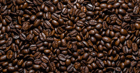 Aromatic coffee beans banner, top view.の写真素材