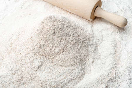 Background with flour. Rolling pin and flour.の写真素材