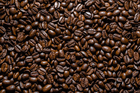 Brown coffee beans background. Coffee beans, top view.の写真素材