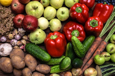 Bio organic vegetable and fruit on farmer market. Food background with assortment of fresh organic fruit and vegetables.の写真素材