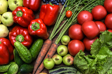 Bio organic vegetable and fruit on farmer market. Food background with assortment of fresh organic fruits and vegetables.の写真素材