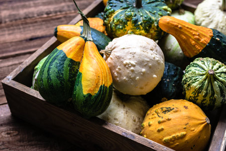 Fresh pumpkins in the box on wooden background. Farmer market with decorative vegetables. Autumn harvest and Thanksgiving concept.の写真素材