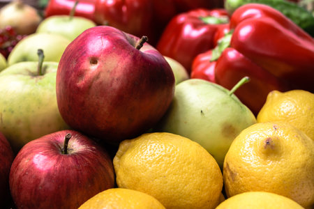 Bio organic vegetable and fruit on farmer market. Food background with assortment of fresh organic fruits and vegetables.の写真素材
