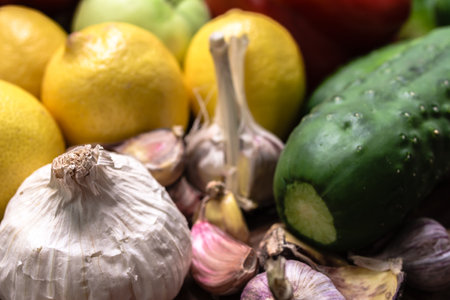 Bio organic vegetable and fruit on farmer market. Food background with assortment of fresh organic fruits and vegetables.の写真素材