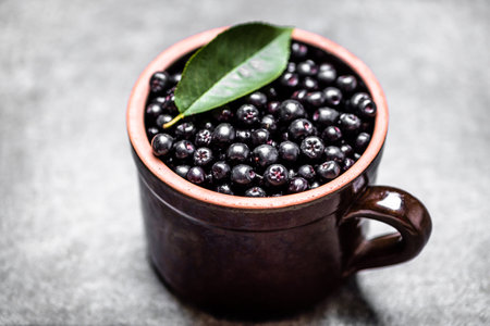 Chokeberry. Bowl of fresh chokeberry berries in a pot on stone table.