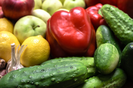 Bio organic vegetable and fruit on farmer market. Food background with assortment of fresh organic fruits and vegetables.の写真素材