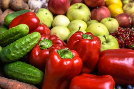 Bio organic vegetable and fruit on farmer market. Food background with assortment of fresh organic fruits and vegetables.の写真素材