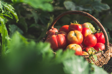 Farmer garden with freshly harvested tomatoes picked into wicker basket. Homegrown vegetables in sunny day. Fresh organic tomato harvest.の写真素材