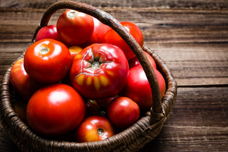 Farmers market with basket of fresh tomatoes on wooden table. Bio tomato harvest.の写真素材