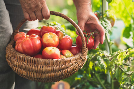 Woman's hands harvesting fresh organic tomatoes. Farmer Picking tomatoes into basket. Vegetable growing. Organic gardening concept.の写真素材