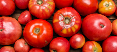 Homegrown red tomatoes background. Bio organic vegetables on farmer market. Farm fresh vegetable background. Food concept.の写真素材
